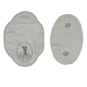 Vintage Oval Embroidered Doilies Crochet Lace Cottage Core Shabby Decor Granny